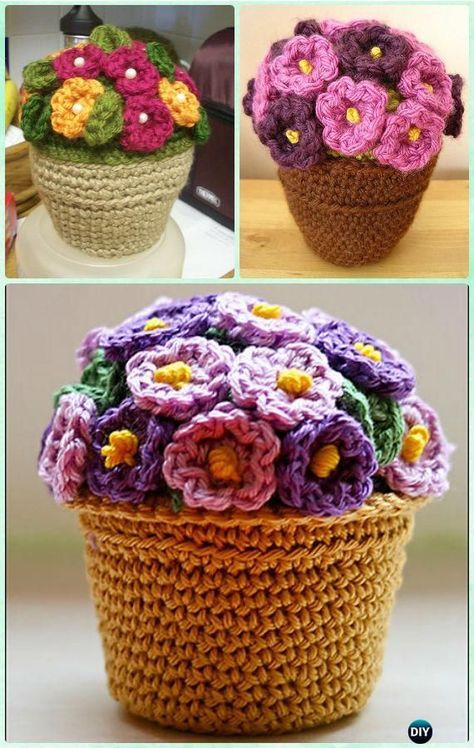 African Violet Flower Crochet Pattern Free | Crochet 3D Flower Bouquet Free Patterns | Flower bouquets ... Easy Rose, Crochet Puff Flower, Crochet Flowers Easy, Flower Bouquet Diy, Crochet Bouquet, Crochet Bag Pattern Free, Pola Amigurumi, Crochet Plant, Crochet Sunflower