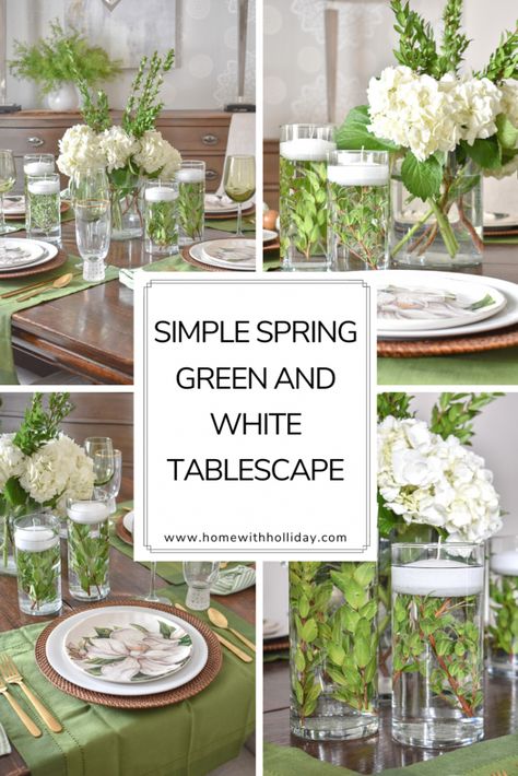 Simple Spring Green and White Tablescape Green Tablescape, Green Dollar, White Tablescape, White Table Settings, Spring Table Settings, Simple Table Settings, Green Tablecloth, Bridal Shower Tables, Banquet Decorations