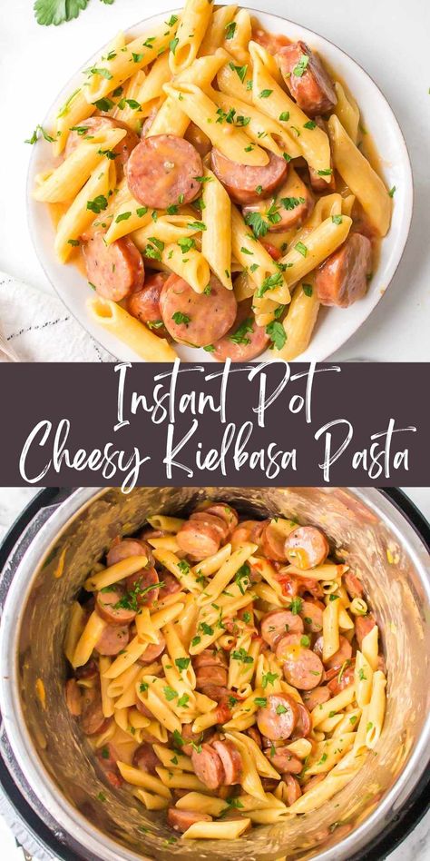 Easy Instant Pot cheesy kielbasa pasta recipe! This quick pasta recipe takes less than 30 minutes total to make. Perfect for busy weeknights! Instapot Dinner Ideas Easy, Insta Pot Smoked Sausage Recipes, Instant Pot Pasta Recipes Sausage, Instant Pot Pasta With Sausage, Instapot Sausage Pasta Recipes, Instant Pot Dinner Recipes Easy, Instant Pot Recipes Kielbasa, Smoked Sausage Pasta Instant Pot, Easy Pasta Recipes Instant Pot