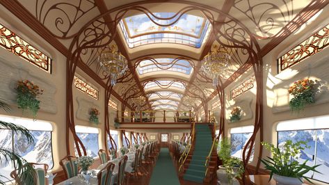 Snowpiercer Train, Architecture Blueprints, Santa Helena, Art Deco Dining, Luxury Train, Art Nouveau Architecture, Train Art, Building Art, Fantasy Places