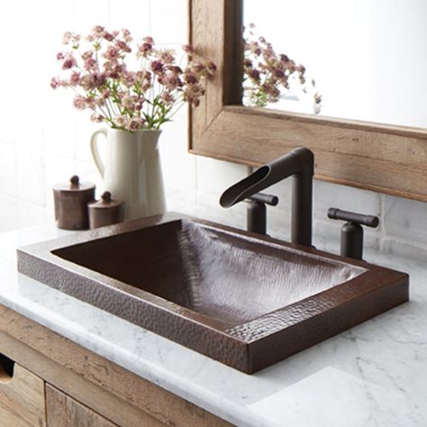 With defining texture and unique sloped bowl, this copper drop-in sink provides for easy installation; a raised profile shows off more of the gorgeous hand hammered copper. Copper Bathroom Sink, Copper Sink Bathroom, Drop In Bathroom Sinks, Primitive Bathrooms, Vintage Tub, Copper Bathroom, Bath Sinks, Steam Showers Bathroom, Sink Design