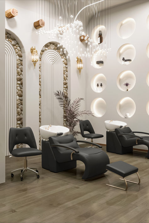 @BeNoravo shampoo chairs for barber shop and salon. Luxury Salon Interior Design, Salon Decor Studio, Makeup Studio Decor, Hair Salon Chairs, Nail Salon Interior Design, Spa Interior Design, Clothing Store Interior, Salon Suites Decor, Shampoo Chair