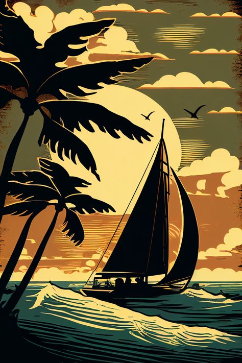 Tropical Beach | Hawaiian | Boho | Palm Trees | Ocean | Surf | Sailboat Beach Graphic Illustration, Vintage Tropical Art, Acrylic Poster, Tropical Art Print, Tropical Illustration, Graphic Design Images, Boho Painting, Painting Beach, Ocean Surf