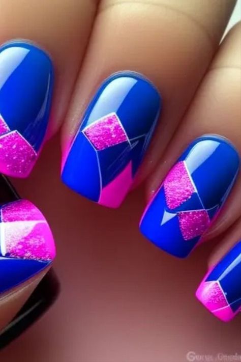 Royal Blue And Pink Nails, Royal Blue Coffin Nails, Blue And Pink Nails, Cobalt Blue Nails, Spring Nail Ideas, Blue Nail Art Designs, Blue Coffin Nails, Vegas Nails, Royal Blue Nails