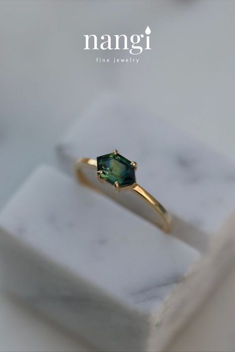 Hexagon cut gemstone ring. Green Sapphire Gold Ring Band, 60th Birthday Cakes, Green Sapphire Ring, Calligraphy Art Print, Green Sapphire, Yellow Gold Ring, Natural Sapphire, 60th Birthday, Ring Band