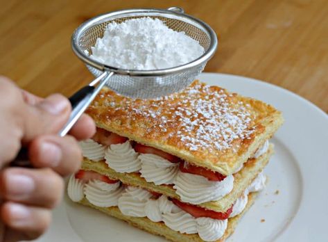 Strawberry and Cream Napoleon Recipe - adding the powdered sugar Napoleon Recipe, Pastry Cake Design, Puff Pastry Cream, Napoleons Recipe, Strawberry And Cream, Pastry Cream, Fresh Strawberries, Strawberries And Cream, Fresh Strawberry