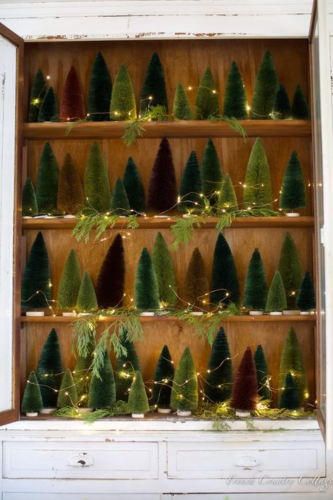 Christmas Bottlebrush Tree Cupboard - French Country Cottage Forest Display, French Country Cottage Christmas, Bottle Brush Christmas Trees, French Christmas, Bottle Brush Tree, Brush Tree, Dollar Tree Christmas, Cottage Christmas, Diy Christmas Decorations Easy