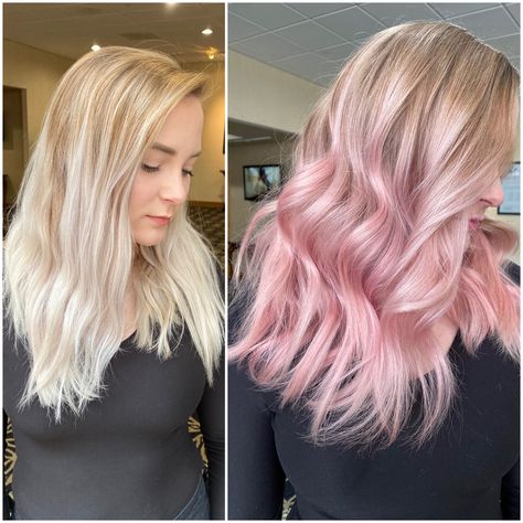 Get the two-step how-to for this blonde to pale pink finish using the new Biolage plant based color. Silver And Pink Hair, Blonde To Pink Ombre, Hair With Pink Highlights, Blonde Hair With Pink, Pink Template, Straight Long Hair, Tustin California, Rose Blonde, Blonde Hair With Pink Highlights