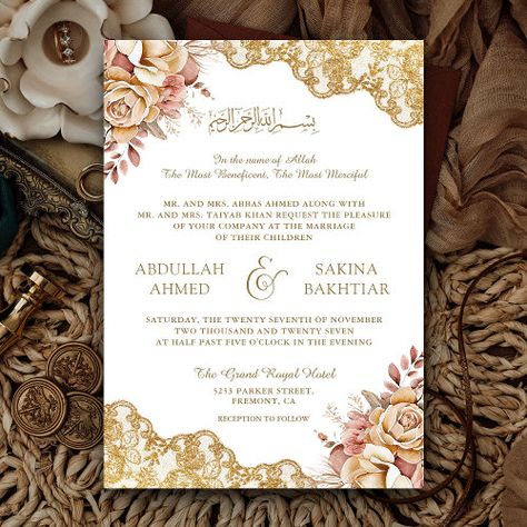 $3.08 | Cream Floral Gold Lace QR Code Muslim Wedding #islamic floral wedding, rustic watercolor classic stylish fancy, romantic pretty roses, botanical foliage garden leaves, online rsvp website details, bismillah nikah walima, all in one, spring summer country vintage, boho bohemian earthy neutral, flowers bouquet earth tones Pakistani Wedding Invitations, Foliage Garden, Rsvp Website, Shadi Card, Digital Wedding Invitations Templates, Muslim Wedding Cards, Online Rsvp, Muslim Wedding Invitations, Wedding Card Frames