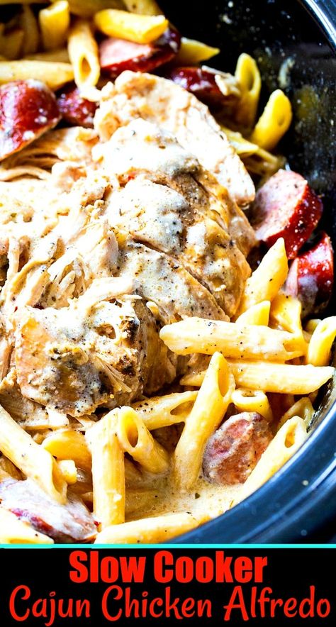 Slow Cooker Cajun Chicken Alfredo with Sausage Slow Cooker Cajun Chicken Alfredo, Slow Cooker Cajun, Alfredo With Sausage, Sausage Alfredo Pasta, Cajun Sausage Pasta, Spicy Southern Kitchen, Sausage Crockpot, Cajun Chicken Alfredo, Cajun Pasta