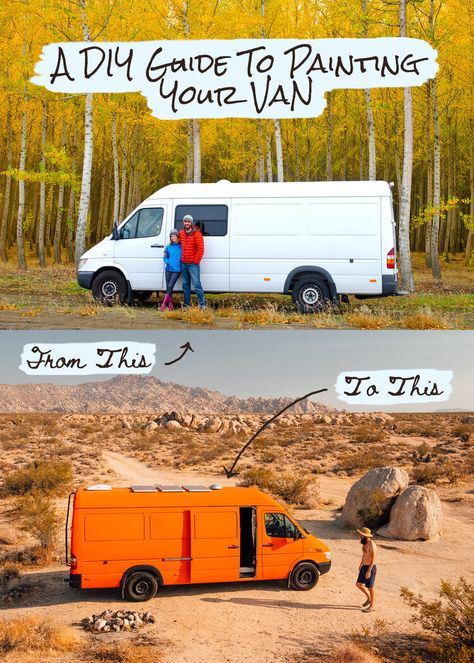 Ever wanted to paint your van? Check out our DIY paint guide with everything we learned from painting our sprinter van with bed liner #vanlife #vanlifediaries #vancrush #vanlifers #vanconversion Diy Van Paint Job, Van Paint Jobs Ideas, Van Exterior Paint Ideas, Van Painting Ideas, Van With Bed, Diy Painted Vans, Painting Camper, Bedliner Paint Job, Van Mural