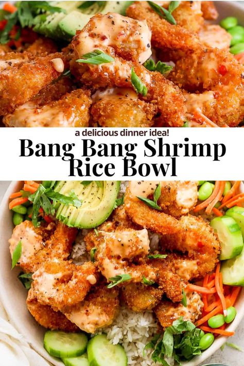 Cajun Shrimp Rice Bowl, Keto Shrimp Bowl Recipes, Easy Meal With Shrimp, Meals With Popcorn Shrimp, Shrimp Roll In A Bowl, Shrimp Bowl Ideas, Crispy Shrimp Bowl, Hello Fresh Shrimp Recipes, Healthy Bang Bang Sauce