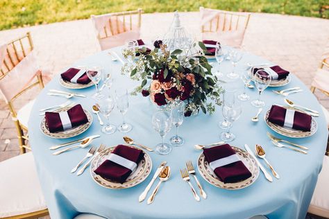 Burgandy Light Blue Wedding, Burgundy And Dusty Blue Wedding Decor, Dusty Blue And Burgundy Wedding Cake, Light Blue And Burgundy Wedding, Dusty Blue And Burgundy Wedding, Blue Fall Wedding, Modern Vintage Wedding, Burgundy Wedding Colors, Wedding Color Combinations