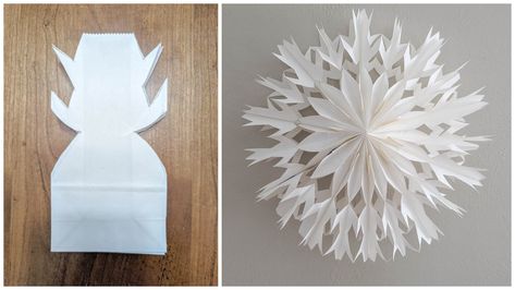 How to make gorgeous 3D paper bag snowflakes 3d Paper Snowflakes Templates, 3d Snowflake Template, Paper Bag Snowflakes, Snowflake Maker, Lantern Walk, Bag Snowflakes, Make Snowflakes, Printable Snowflake Template, Diy Christmas Snowflakes