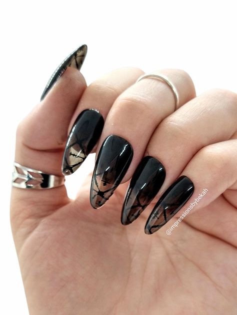 "I've named this set \"Smoke Show\" because the black fade down to black glass tips reminds me of smoke. Interest is added with a black stamped overlay. Photo shows Medium Almond style. High quality, hand designed press-on nails, made with all gel products. Custom fit for you! Durable for long-term wear with the included nail glue, and reusable when worn with adhesive tabs! Made to order, in multiple sizes, shapes and lengths. Includes everything needed for application.  PLEASE SEE PHOTOS FOR PR Black Glass Nails, Clear Black Nails, Overlay Photo, Ombre Gel Nails, Black Gel Nails, Black Fade, Nails Ombre, Medium Almond, Goth Nails