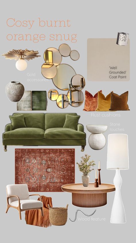 Burnt Orange Living Room, Green Dining Room, Living Room Orange, Coat Paint, Back Garden, Burnt Orange, Olive Green, Mood Board, Dining Room