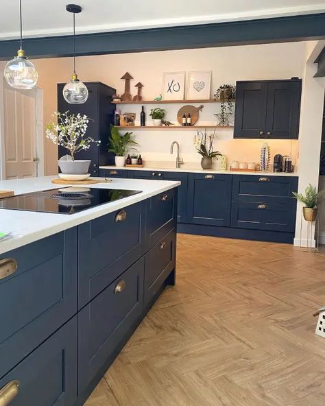 modern blue kitchen cabinets with herringbone flooring Kitchen Ideas Blue And White, Kitchen Herringbone Floor, Kitchen Ideas Blue, Dark Woodwork, Banquette Seating In Kitchen, Amtico Flooring, Industrial Kitchen Design, Painting Walls, Open Plan Kitchen Living Room