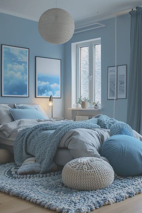 29 Blue Boho Girls Bedroom Ideas - My Elegant Home Beach Color Palette Bedroom, Clean Aesthetic Blue, Boho Blue Color Palette, Blue Themed Bedroom Aesthetic, Blue Girls Bedroom Ideas, Blue And Gray Room, Minimalist Bedroom Blue, Minimalist Girls Bedroom, Aesthetic Room Blue