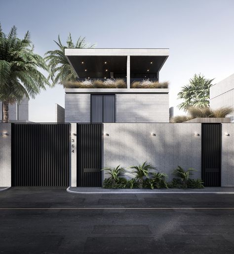 M-house dwelling on Behance Modern Front Facade, Home Entrance Interior, Boundary Wall Ideas, Boundary Wall Designs, Industrial Fence, Function Aesthetic, Pagar Modern, Car Porch Design, Compound Wall Design