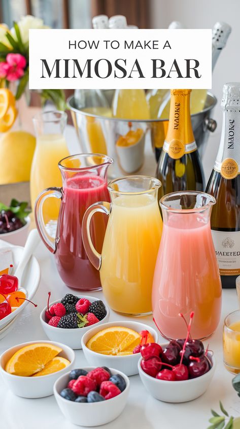 Learn how to create a stunning mimosa bar, pair drinks with delicious food, and host a brunch your guests will love! 🥂🍓 #MimosaBrunch #BrunchParty #FancyDrinks ​ ​ Diy Brunch Party Decorations, Mock Mimosa Bar Ideas, Virgin Mimosa Bar Ideas, Champagne For Mimosa Best, Mimosa Recipe Ideas, Brunch Ideas For Ladies, Non Alcoholic Mimosa Bar Ideas, Bachelor Brunch Ideas, Brunch Party Drinks