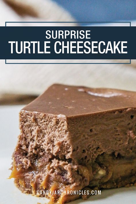 Surprise Turtle Cheesecake is a decadent chocolate cheesecake with a hidden layer of caramel and pecans. This easy baked cheesecake starts with a vanilla wafer base, a thick layer of caramel topped with nuts and all covered with a rich, yet tangy chocolate cheesecake. This is the ultimate turtle cheesecake with a sweet surprise in the centre.  #cheesecakes #turtlecheesecake #chocolate #caramel via @Candy Jar Chronicles Chocolate Caramel Pecan Cheesecake, Chocolate Caramel Cheesecake Recipe, Chocolate Turtle Cheesecake Recipe, Chocolate Turtle Cheesecake, Easy Baked Cheesecake, Caramel Toffee Crunch Cheesecake, Easy Chocolate Cheesecake, Turtle Cheesecake Recipes, Chocolate Hazelnut Cake