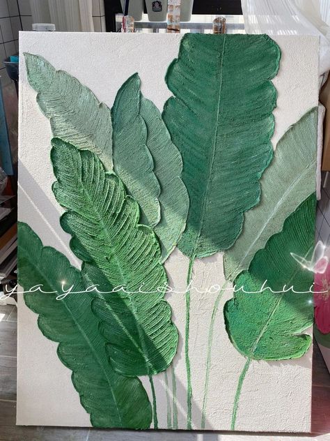 3d Leaf Painting, Textured Leaf Art, Plaster Leaf Art, Textured Tree Painting, Leaf Canvas Painting, Leaf Painting On Canvas, Texture Canvas Painting, Green Pic, Vines Texture