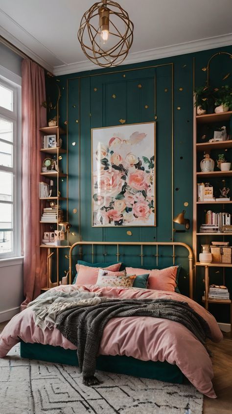 Dark Teal Bedroom Ideas Accent Wall, Wicked Bedroom Ideas, Theatre Bedroom Ideas, Emerald Green And Rose Gold Bedroom, Mauve And Teal Bedroom, Girls Pink And Green Bedroom Ideas, Navy And Rose Gold Bedroom, Bedroom Girly Ideas For Women, Low Budget Room Decor Ideas Bedroom