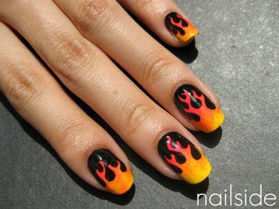 For the gradient, I prefer the tutorial at http://nailsbyanne.blogspot.com/ -- but this is a fun idea! Flame Nail Art, Mens Nails, Punk Nails, Romantic Nails, Fabulous Nails, Fire Nails, Funky Nails, Fancy Nails, Black Nails