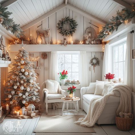 Small Christmas Cottage Exterior, Anthropologie Inspired Living Room, White Cottage Living Room, English Cottage Christmas Decor, Cottage Christmas Living Room, White Christmas Decorating Ideas, Farm Christmas Decor, Christmas Cottage Decor, English Cottage Christmas