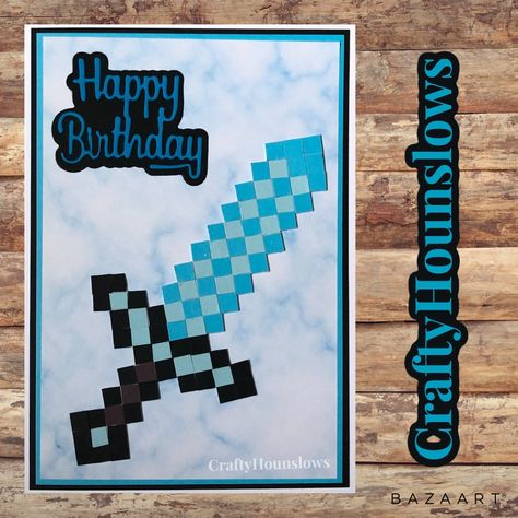 Handmade Minecraft sword birthday card Minecraft Birthday Cards Handmade, Minecraft Handmade Cards, Minecraft Birthday Card Diy, Nintendo Switch Birthday Card Diy, Nintendo Switch Card Birthday, Handmade Gaming Birthday Cards, Minecraft Cards, Minecraft Birthday Card, Dremel Carving