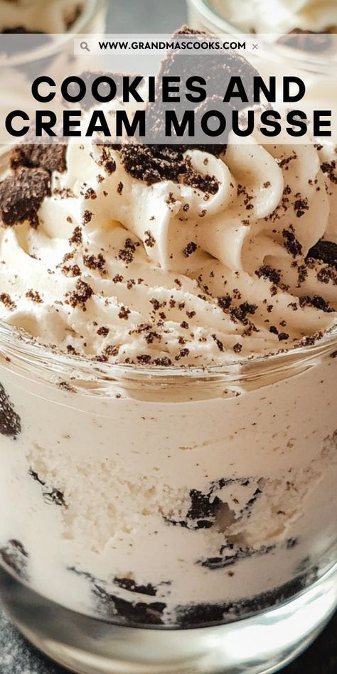 Enjoy the perfect balance of fluffy mousse and crunchy cookie bits with this Cookies and Cream Mousse. A light yet decadent dessert that’s sure to impress! Heavy Cream Mousse, Easy Mousse Dessert Recipes, Dessert Heavy Cream, Two Ingredient Mousse, Cookie And Cream Desserts, Healthy Mousse Recipes, Christmas Mousse Dessert, Heavy Cream Recipes Dessert, Desserts With Whipped Cream