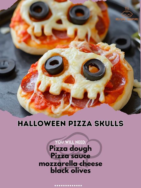 🎃🍕 Get into the Halloween spirit with these spooky and delicious Halloween Pizza Skulls! Perfect for a festive party! 🕸️👻 Halloween Pizza Skulls Ingredients: - Pizza dough (1 pound) - Pizza sauce (1 cup) - Shredded mozzarella cheese (2 cups) - Sliced black olives (1/4 cup) - Pepperoni slices (1/2 cup) - Mini pepperoni slices (1/4 cup) - Mini bell peppers, sliced (1/4 cup) - Egg wash (1 egg + 1 tablespoon water) Instructions: 1. Preheat oven to 400°F. 2. Roll out pizza dough and cut into sk... Pizza Skulls, Skull Pizza, Mini Bell Peppers, Halloween Pizza, Black Olives, Daily Recipes, Halloween Food For Party, Egg Wash, Party Halloween