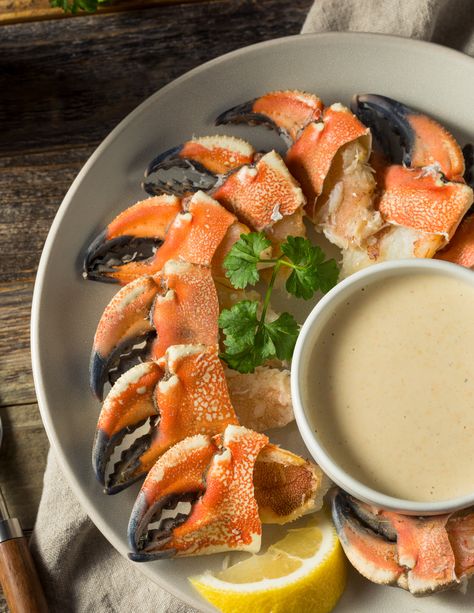 Maine Jonah Crab Claws with Creamy Cajun Dipping Sauce Jonah Crab Claws Recipe, Crab Claws Recipe, Crab Claw Recipes, Cajun Dipping Sauce, Stone Crab Claws, Crab Claws, Seafood Dinner, Cajun Seasoning, Lemon Zest