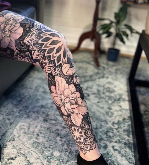 Blacked Out Leg Tattoo, Half Leg Sleeves For Females Calf, Big Tattoos For Women Leg, Floral Leg Tattoos For Women, Ornamental Leg Sleeve, Geometric Tattoo Leg Sleeve, Mandala Leg Sleeve, Geometric Tattoo Leg, Geometric Sleeve Tattoo