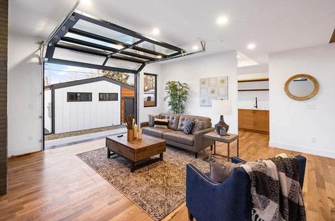 Garage converted to living room with glass door Garage Converted To Apartment, Garage Turned Into Living Space, Convert Garage To Room, Garage Into Living Space, Thunderbird House, Garage Suite, Barndo Ideas, Garage Playroom, Garage Organizing