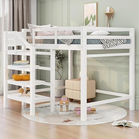 Amazon.com: Full Loft Bed with Stairs Wood Frame Storage Shelves and Hanging Rod White Beds for Kids Boys Girls Adults Teens Dorm Bedroom, Full Size White With Stairs : Home & Kitchen Beds For Kids Boys, Loft Bed Ideas For Adults, Loft Bed With Stairs, White Beds, Stairs Wood, Loft Bed With Storage, White Loft Bed, Storage Staircase, Full Loft Bed