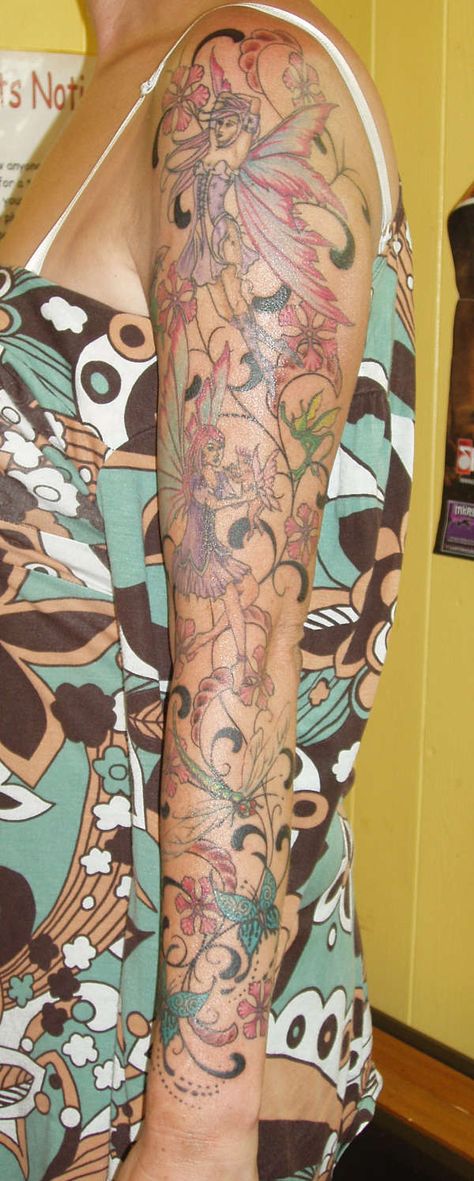 Fairy sleeve Fairy Half Sleeve Tattoo, Fairy Arm Sleeve Tattoo, Fairy Inspired Tattoo Sleeve, Garden Fairy Tattoo Sleeve, Fairy Arm Tattoos For Women, Fairy Tattoo Sleeve, Fairy Garden Half Sleeve Tattoo, Fairy Tattoo Back Of Arm, Fairy Sleeve Tattoo