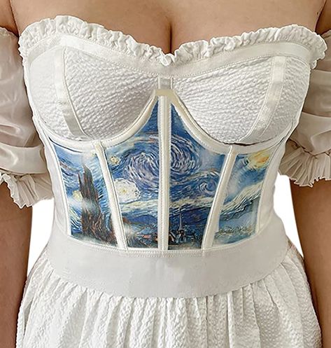 Meladyan Women Push Up Corset Satin Oil Painting Print Overbust Waist Bonded Bustier Strapless Cincher Tube Top at Amazon Women’s Clothing store Push Up Corset, White Bustier, Waist Corset, Crop Top Women, Cute Lingerie, Corset Crop Top, Corsets And Bustiers, Underbust Corset, Vest Fashion