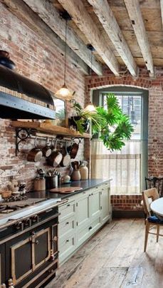 Brick Backsplash Open Shelving, Green Kitchen Cabinets With Brick Backsplash, Brick Cottage Kitchen, Green Kitchen Cabinets Brick Backsplash, Red Brick In Kitchen, Green Cabinets Brick Backsplash, Red Brick Kitchen Backsplash, Vintage Brick Backsplash Kitchen, Brick House Interior Ideas