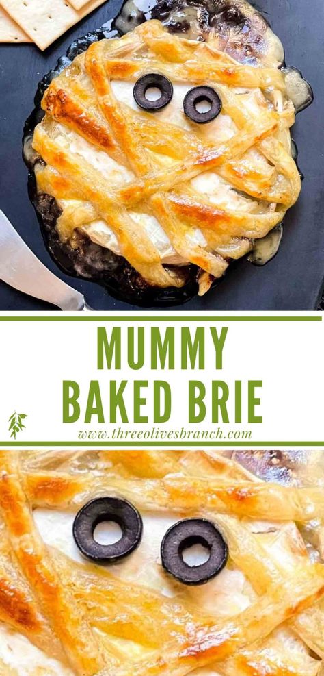 Halloween Mummy Wrapped Baked Brie is a perfect Halloween party appetizer recipe! Melty cheese with cherry jam gives a blood gory effect. Mummy Brie Cheese, Mummy Baked Brie, Halloween Brie Cheese, Halloween Brie Appetizer, Halloween Baked Brie, Halloween Brie, Mummy Brie, Baked Brie With Jam, Baked Brie Cheese