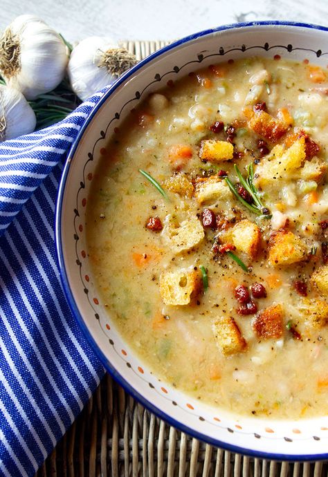 Pancetta White Bean Soup, Pancetta Soup, White Bean Pancetta Soup, Soup With Pancetta, Rosemary Garlic White Bean Soup, Creamy White Bean Soup, Thanksgiving Soup Ideas, Thanksgiving Soup, Thanksgiving Soups