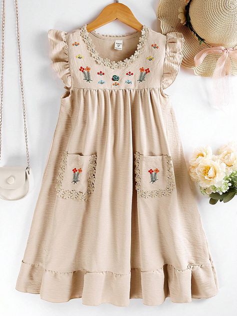 SHEIN Kids EVRYDAY Tween Girl Floral Embroidery Ruffle Trim Pocket Patched Dress | SHEIN USA Embroidery On Dress, Boho Dress Pattern, فستان زهري, Shein Kids, Girls Dresses Sewing, Patch Dress, Kids Fashion Dress, Kids Designer Dresses, Kids Frocks