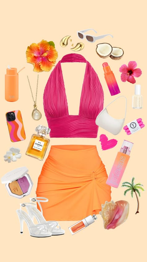 #pink #orange #summer #beach #sunset #fitinspo #shuffles Pink And Orange Outfit, Summer Beach Sunset, Dance Style Outfits, December Outfits, Kylie Jenner Outfits, Glam Outfit, Orange Outfit, Vacay Outfits, Beach Wear Outfits