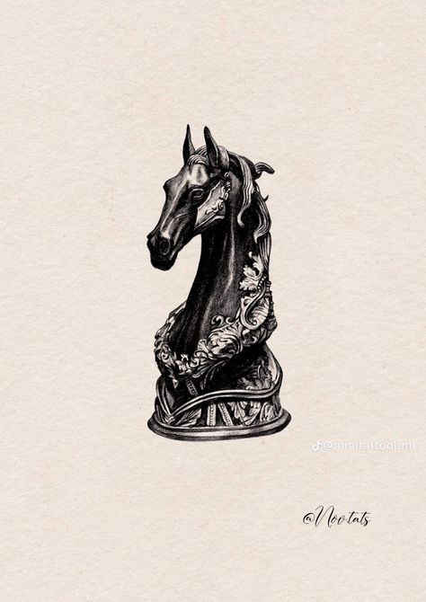 Knight Horse Tattoo, Dark Academia Tattoo Aesthetic, Knight On Horse Tattoo, Knight Tattoo Design, Chess Piece Tattoo, Chess Tattoo, Tato Maori, Jackets Varsity, Horse Tattoo Design