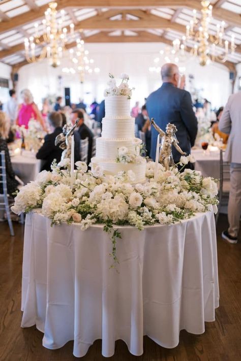 Flowers Around Wedding Cake Table, Cake Table With Flowers, Cake Table Wedding, Wedding Cake Display Table, Wedding Cake Table Decorations, Bridal Party Bouquets, Wedding Cake Display, Cake Table Decorations, Floral Wedding Cakes