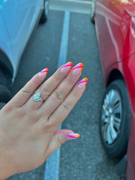 Almond shape orange and pink spring or summer nail inspo Summer Nails 2023 Orange And Pink, Hot Pink And Orange Nails, Summer Nails Pink And Orange, June Nails, High Maintenance, Almond Shaped, Pink Spring, Orange Nails, Toe Nails