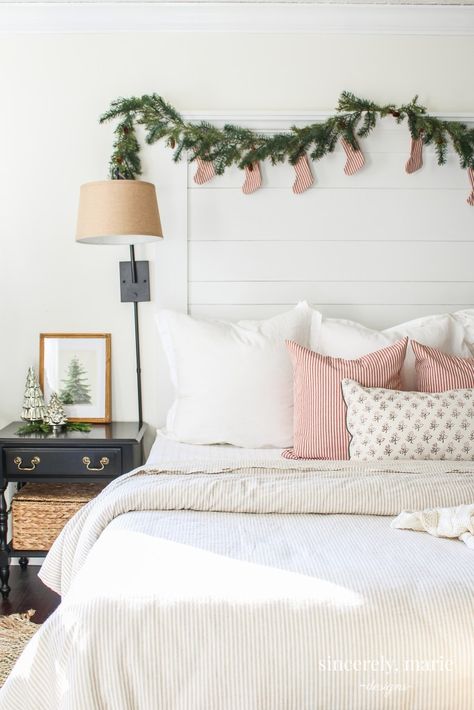 Our Classic & Cozy Christmas Bedroom Christmas Bedroom Decor Simple, Neutral Christmas Bedding, Neutral Christmas Bedroom Decor, Christmas Bedrooms Cozy, Cozy Christmas Bedroom, Classic Bedroom Furniture, Christmas Bed, 2023 Decor, Cozy Christmas Living Room