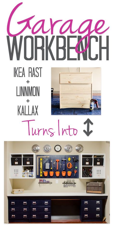 Our DIY work bench was put together with IKEA supplies to keep the price low. Using RAST dressers, LINNMON table tops, and KALLAX shelves let us customize the perfect space on a budget. Recreate this workbench to get your garage organized! Workbench Diy, Diy Garage Work Bench, Casa Garage, Garage Workbench, Garage Atelier, Diy Rangement, Kallax Regal, Garage Organize, Diy Workbench