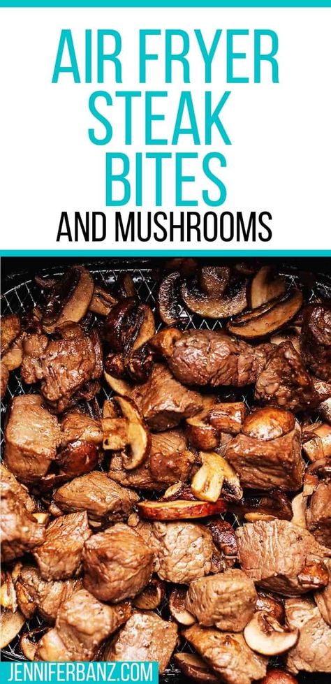 I love things that make my life easier! That's why I love cooking in my Air Fryer! These easy and flavorful Air fryer steak bites and mushrooms are ready in a matter of minutes.  I give instructions for rare steak to well done steak. Steak And Mushrooms In Air Fryer, Air Fryer Steak Bites And Mushrooms, Air Fry Liver And Onions, Air Fryer Stir Fry Steak, Air Fryer Steak Fajitas Recipes, Carnivore Meatballs Air Fryer, Top Sirloin Steak Air Fryer, Air Fryer Dinner Recipes Beef, Air Fryer Deer Steaks