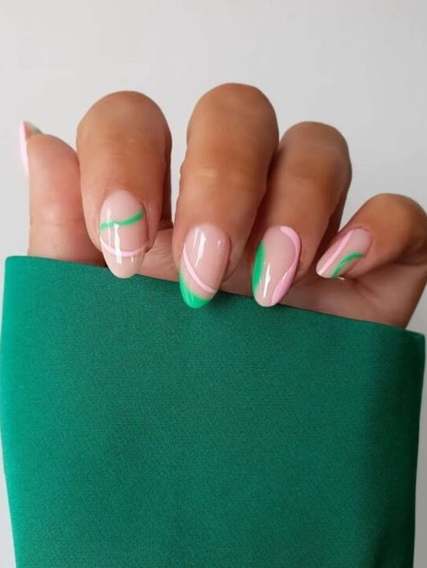 Pink And Green Nail Ideas, Pink And Green Nails Acrylic, Nails Green And Pink, Pink And Green Nail Designs, Pink And Green Nail Art, Pink And Green Nails Design, Green And Pink Nails, Coral Nails With Design, Green Nail Art